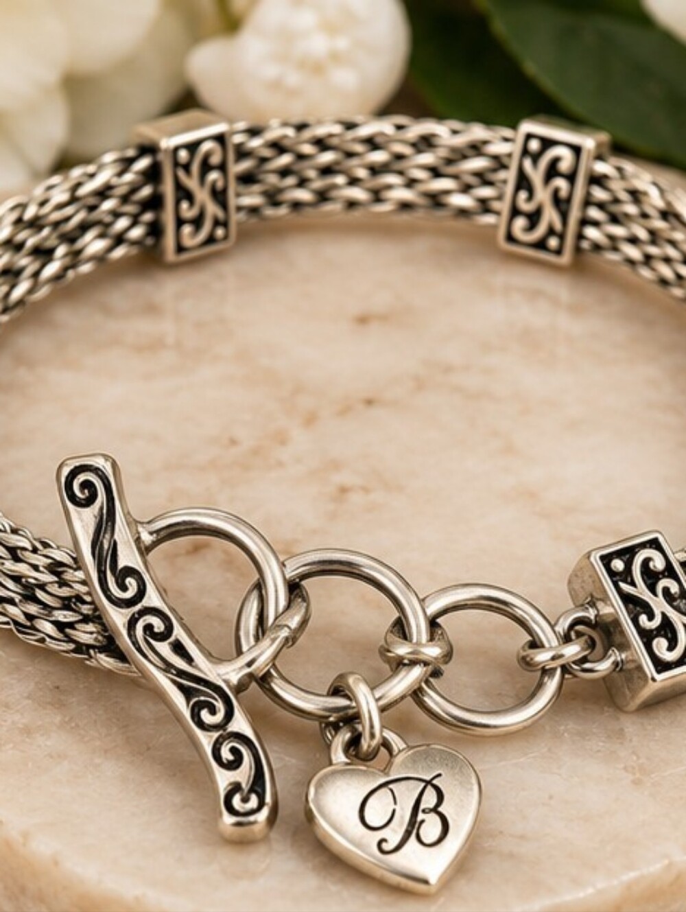 Vintage Brighton 5 Strand Silver Tone Woven Toggle Bracelet Heart Charm